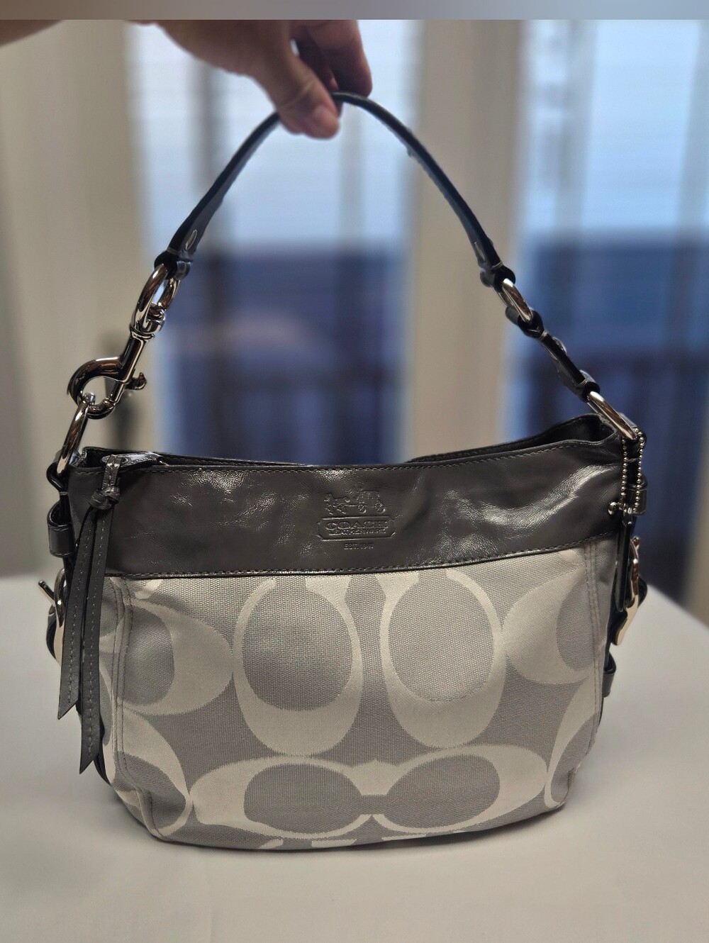 COACH Zoe Medium Hobo Bag F14630 Gray Signature Jacquard Patent Leather Purse